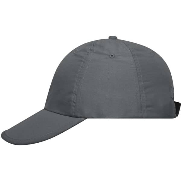 A grey six-panel cap featuring a curved brim and an adjustable strap at the back. It has a logo on the side.