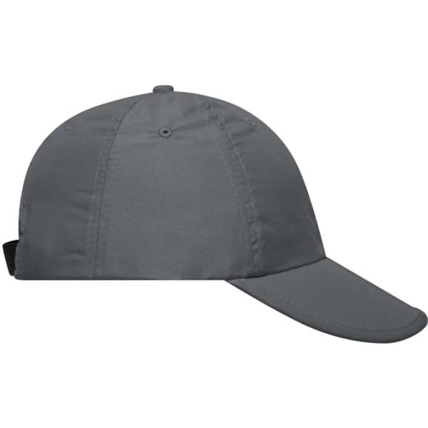 A grey six-panel cap with a curved brim and an adjustable strap at the back, featuring a logo.