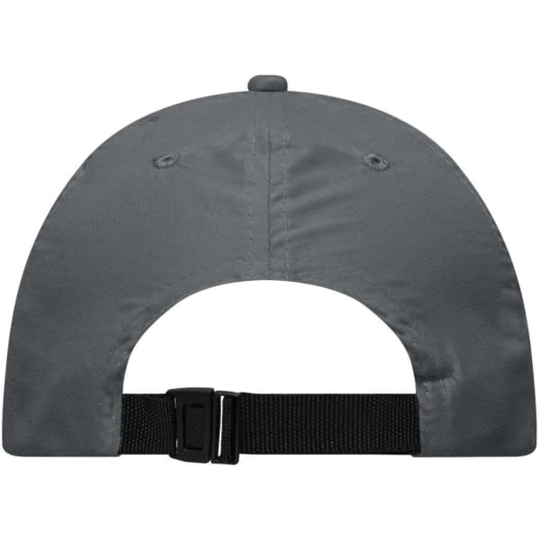 A grey cap featuring a black adjustable strap at the back and a button on top. Includes a logo.