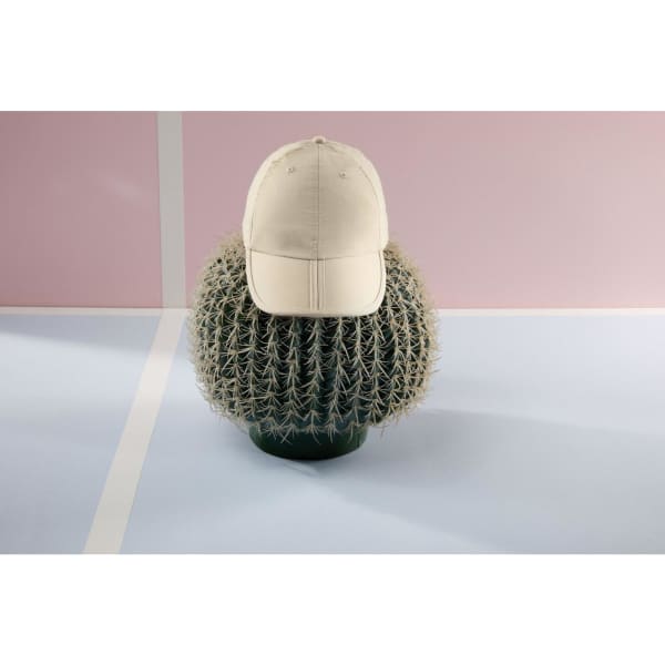 A beige cap rests on a green cactus, set against a pink and blue backdrop. The cap features a logo.