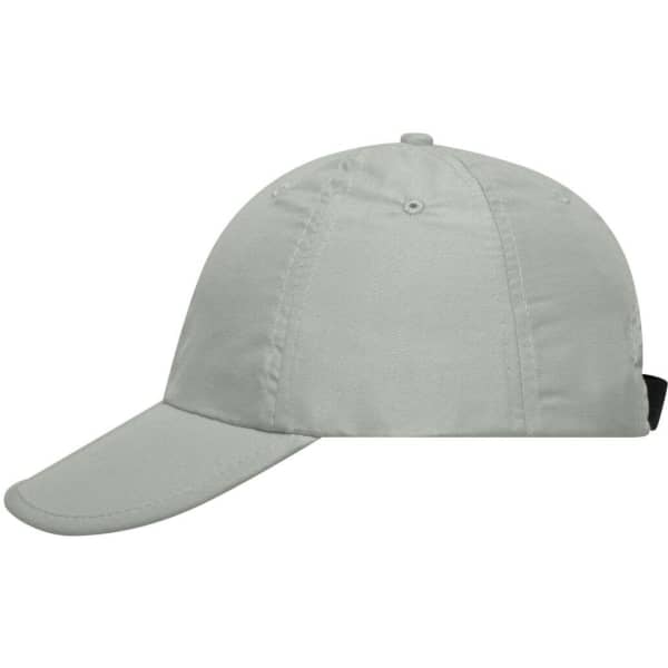A grey six-panel cap with a curved brim and a logo on the side.