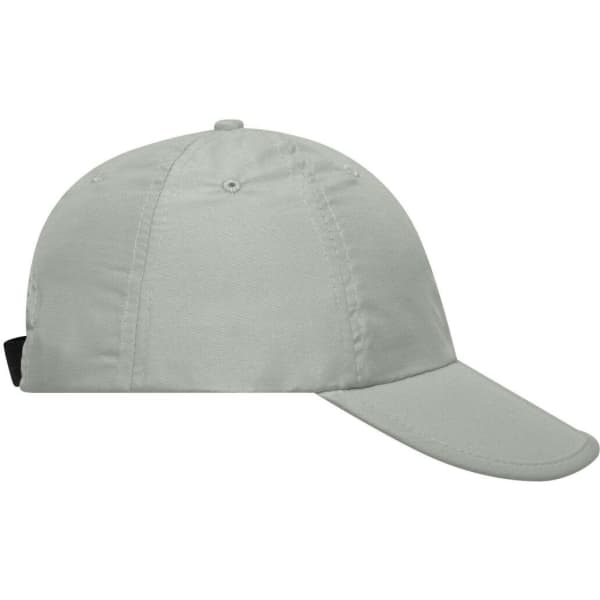A grey six-panel cap with a curved brim and an adjustable back strap. It features a logo on the side.