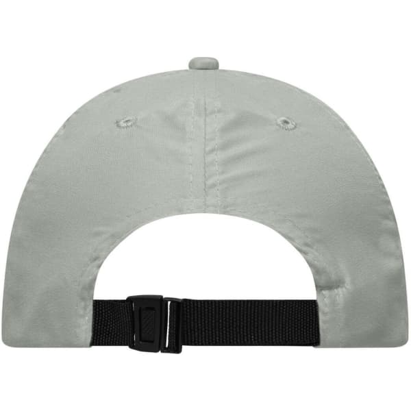 A grey cap with a black adjustable strap at the back, featuring ventilation holes and a button on top.