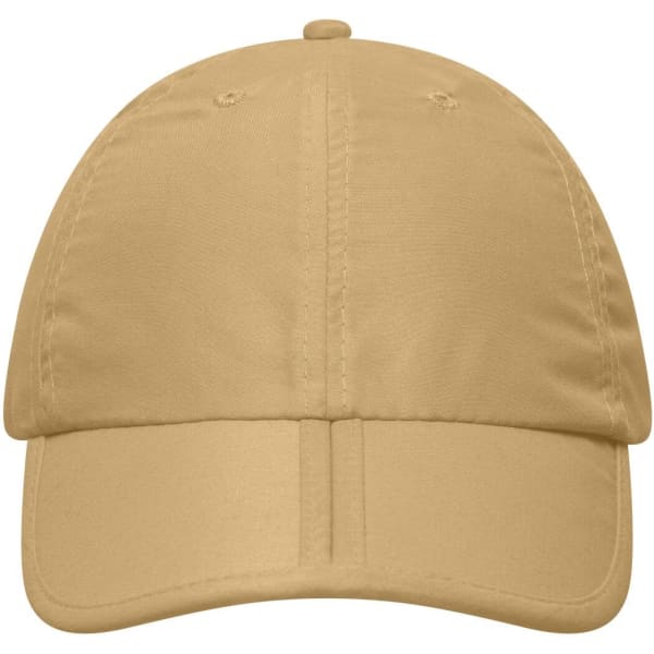 A tan six-panel cap with a curved brim and a logo on the front.