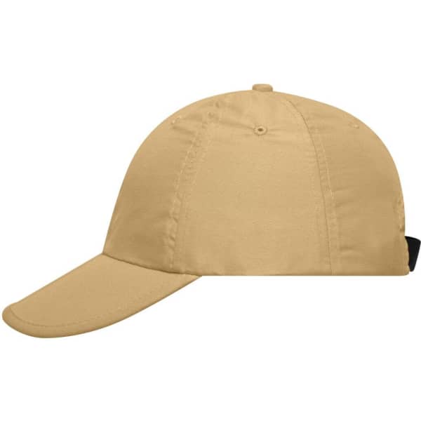 A beige six-panel cap with a curved brim and an adjustable strap at the back. Features a logo.