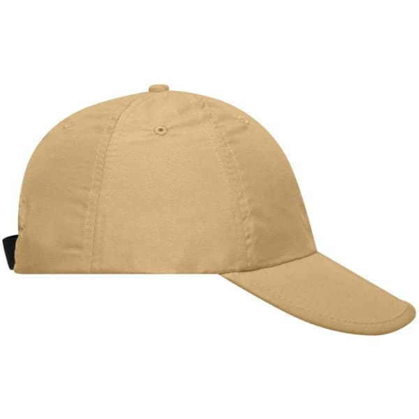 A khaki 6-panel cap with a curved brim and a strap closure at the back, featuring a logo.