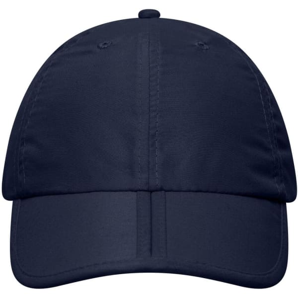 A navy blue cap with a six-panel design and a logo on the front. Ideal for headwear promotion.