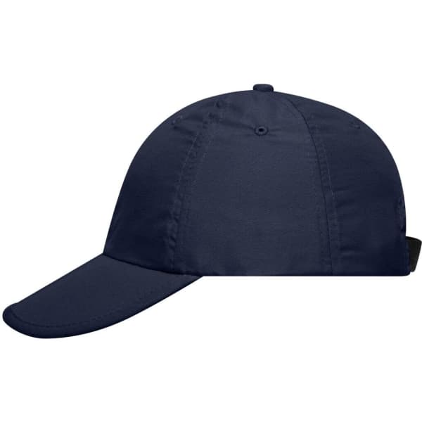 A navy blue cap with a curved brim and a logo on the side, featuring six panels for a structured fit.