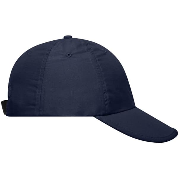 A navy blue six-panel cap with a curved brim and a strap at the back, featuring a small logo.