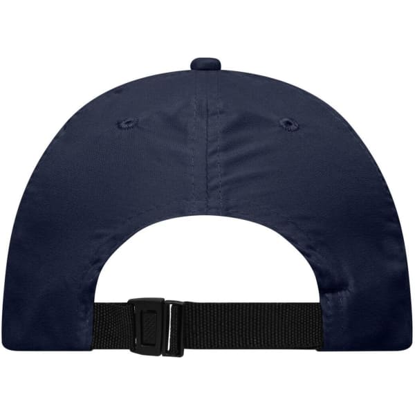 A navy blue six-panel cap featuring a strap closure at the back. It includes ventilation holes and a logo.