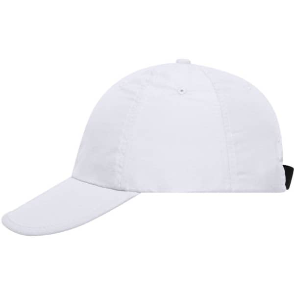 A white cap featuring a curved brim and an adjustable strap at the back, with a logo on the side.