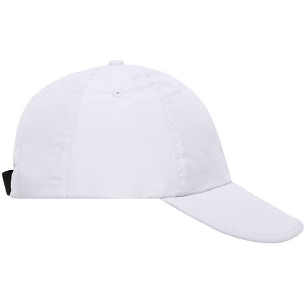 A white six-panel cap with a curved brim and an adjustable strap at the back. It features a logo.