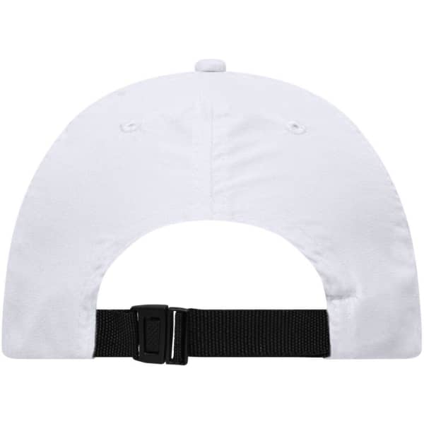 A white cap with a black adjustable strap at the back and ventilation eyelets. It features a logo.