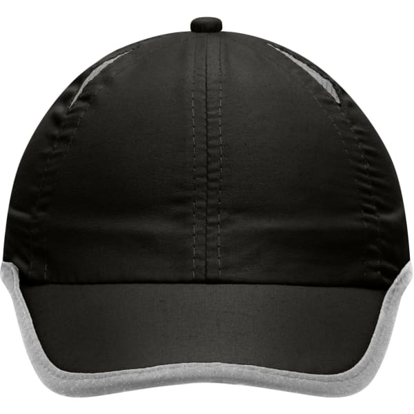 A black 6 panel micro-edge sports cap with a grey trim and a central button on the top. It includes a logo.