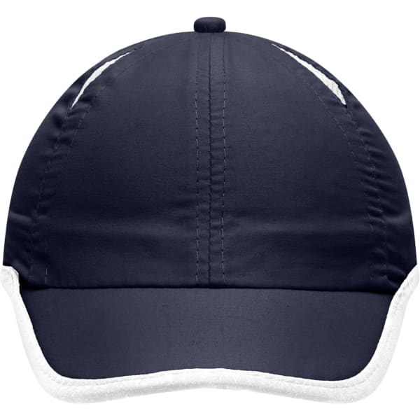 A navy blue sports cap with a micro-edge design and a white trim, featuring a logo on the front.