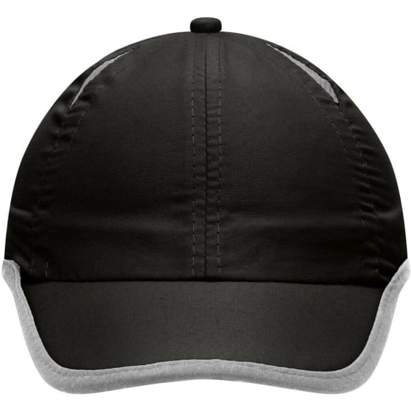 A black sports cap with a grey micro-edge brim, featuring a logo on the front.