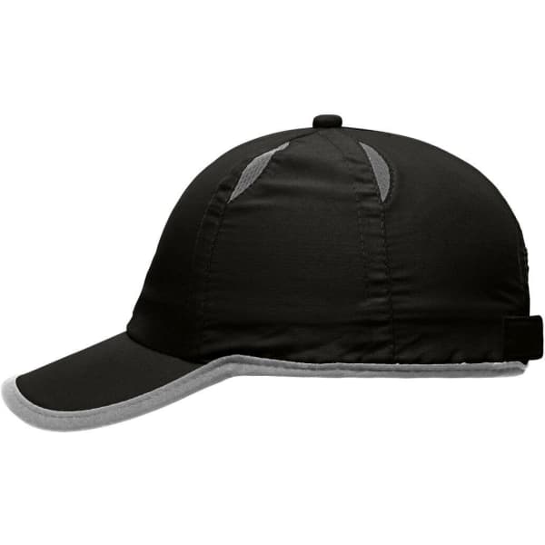 A black and grey 6-panel micro-edge sports cap featuring a curved brim and reflective detailing.