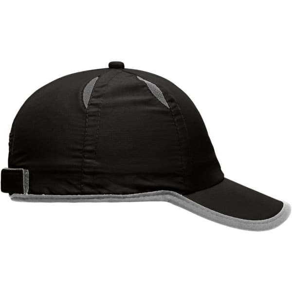 A black 6 panel micro-edge sports cap with a grey brim and a logo on the side.