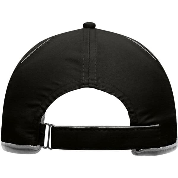 A black six-panel cap with a micro-edge design, featuring an adjustable strap at the back and a logo.