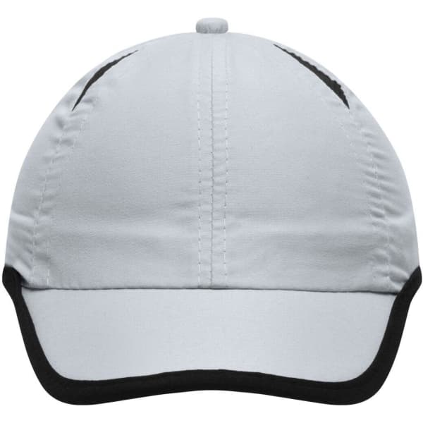 A grey sports cap with a black trim and stitching, featuring a logo on the front.