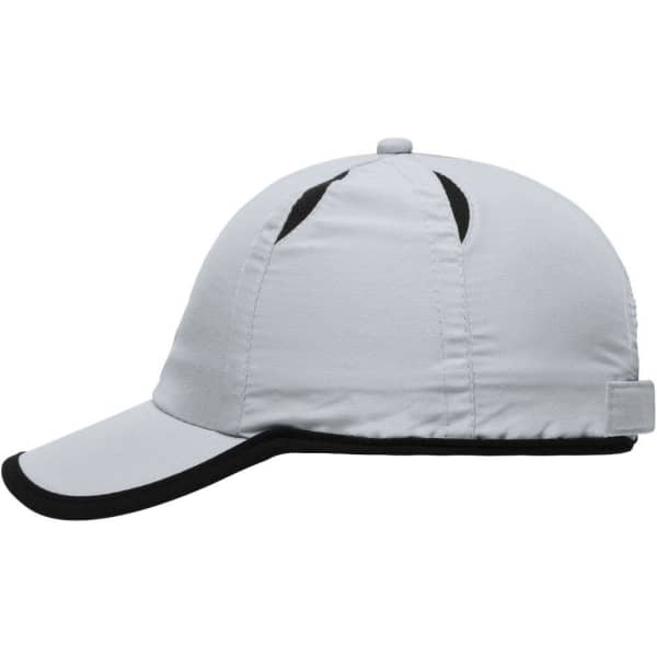 A grey six-panel micro-edge sports cap with a black brim and a logo on the side.