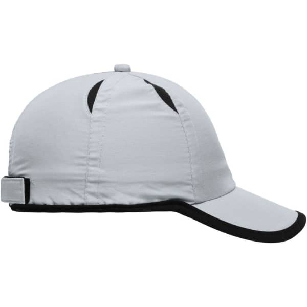 A grey 6 panel micro-edge sports cap with black detailing and a logo on the side.