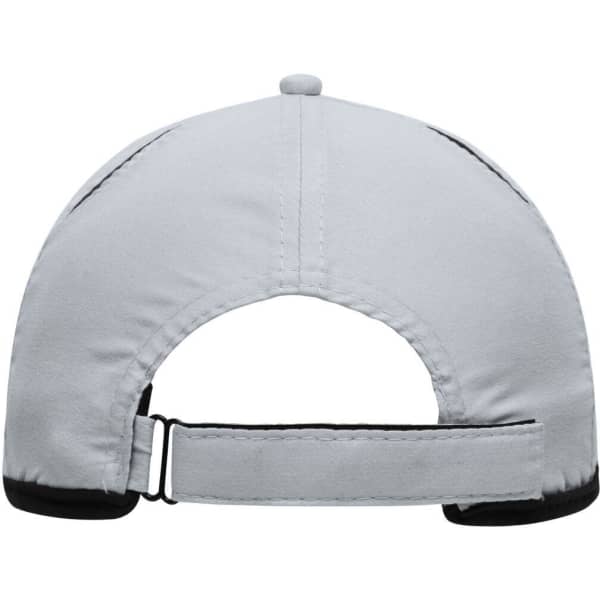 A grey 6 Panel Micro-Edge Sports Cap featuring a logo, with an adjustable strap at the back.