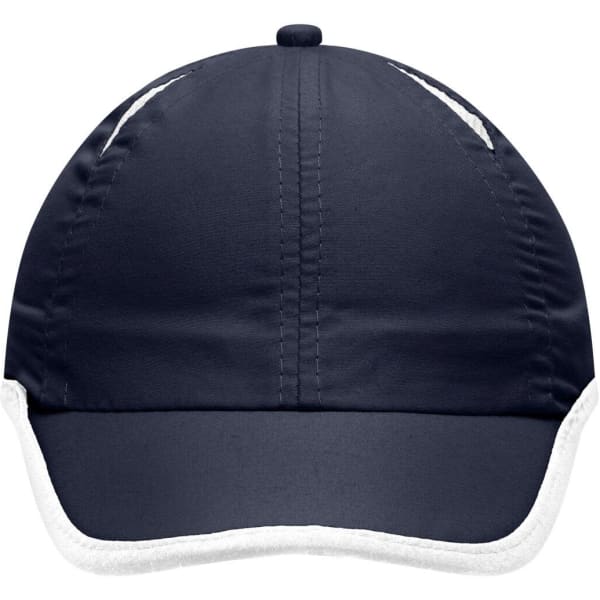A navy blue six-panel micro-edge sports cap with a white trim and a logo on the front.