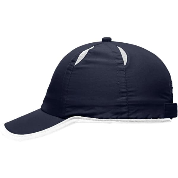 A navy blue 6 Panel Micro-Edge Sports Cap with a logo and a contrasting white trim on the brim.