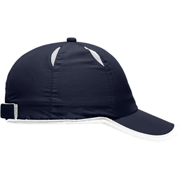 A navy blue 6 panel micro-edge sports cap with a structured brim and a back strap, featuring a logo.