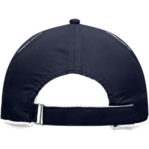 A navy blue 6 Panel Micro-Edge Sports Cap featuring an adjustable strap and a branded logo.