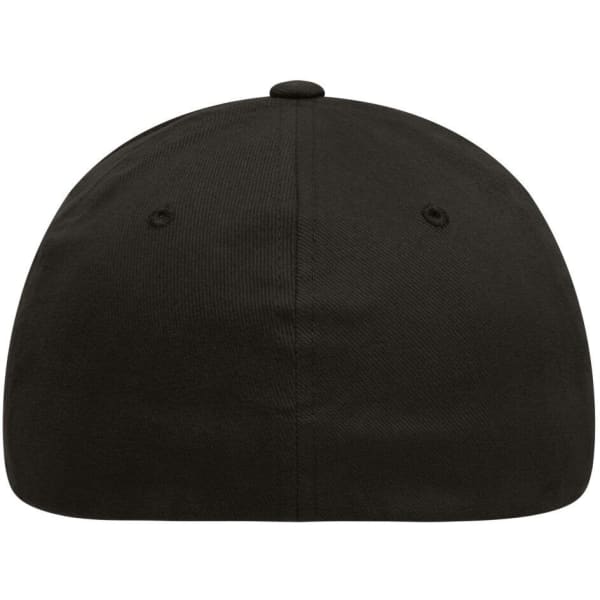 A black Flexfit® cap featuring a rounded top and no design elements visible. It has ventilation holes and a single button.