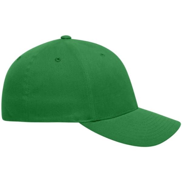 A green Original Flexfit® cap featuring a structured design and a curved peak, with a logo on the side.