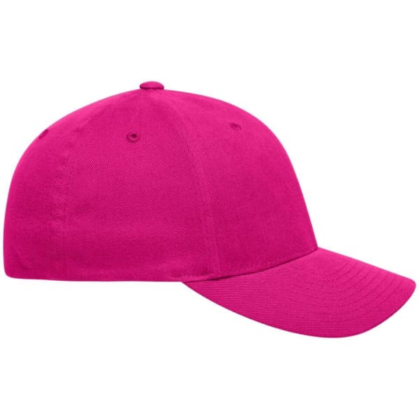 A bright pink Flexfit® cap with a structured design and a curved brim, featuring a logo.