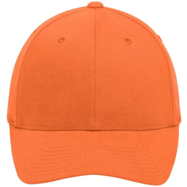 An orange Original Flexfit® cap with a rounded crown and a curved brim, featuring a logo.