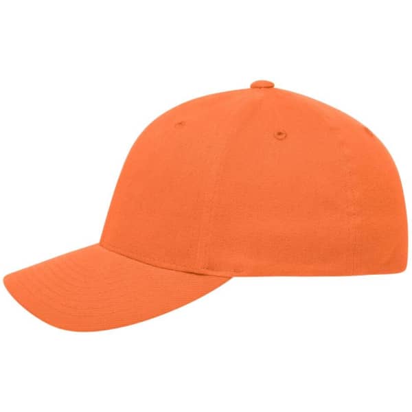 An orange Original Flexfit® cap featuring a curved brim and a fitted style, with a logo on the side.