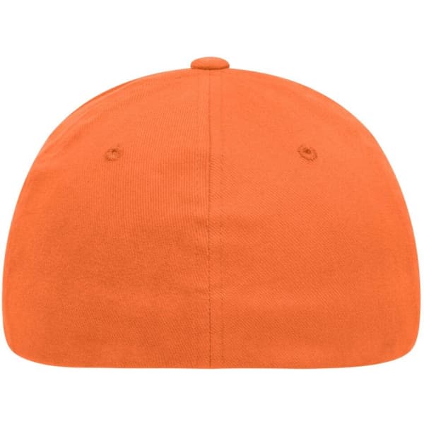 A cap in vibrant orange with a rounded shape and a centre button, featuring two eyelets on each side.