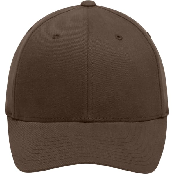 A brown Original Flexfit® cap featuring a curved brim and a fitted design. The cap has a logo on it.