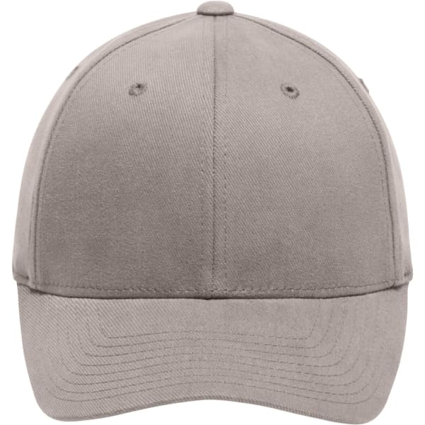 A grey Original Flexfit® Cap featuring a curved brim and a smooth surface, with a logo on the side.