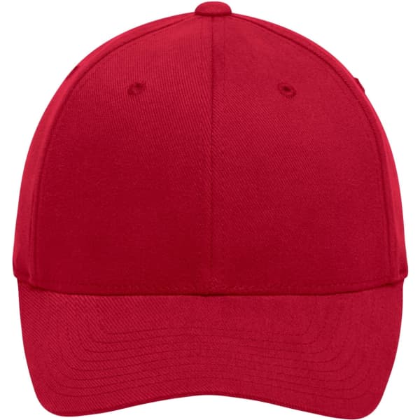 A red Original Flexfit® cap featuring a solid design and a logo on the front.