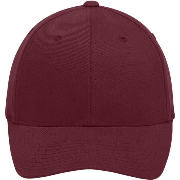 A maroon cap featuring a structured front and a curved brim, with a logo on the side.