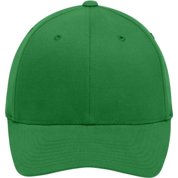A green Original Flexfit® cap featuring a curved brim and a fitted design, with a logo on the side.