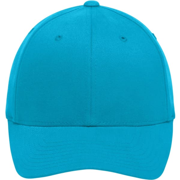 A turquoise cap with a curved brim and a fitted design, featuring a logo on the front.