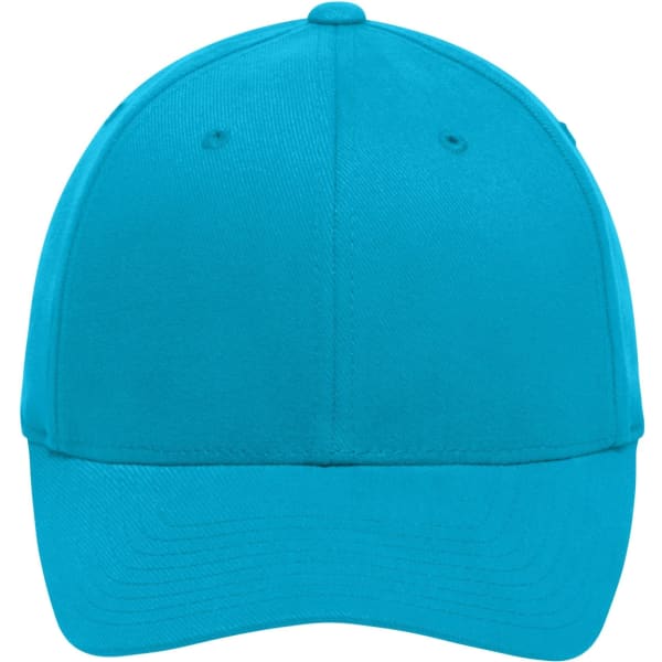 A bright turquoise cap featuring a traditional design and a branded logo.