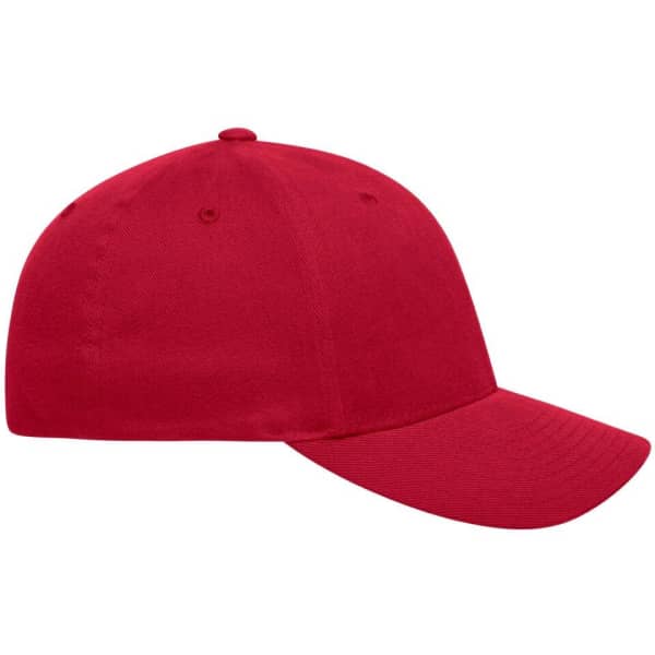 A red Original Flexfit® cap featuring a rounded crown and a curved visor. It has a logo on the front.