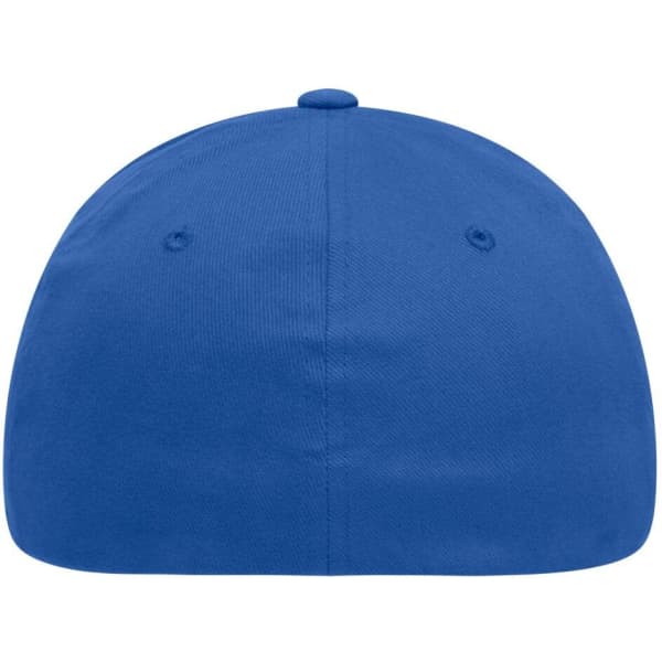 A blue Original Flexfit® Cap featuring a smooth, curved design and a logo on the side.