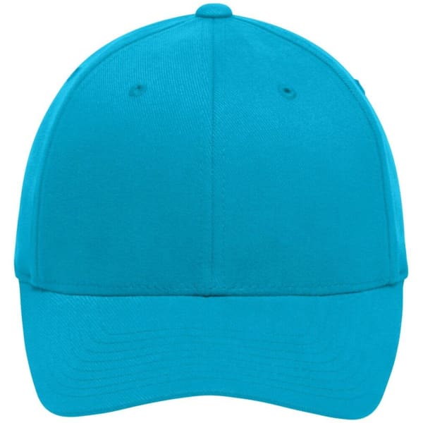 A turquoise flexible cap with a curved brim and six-panel design, featuring a branding logo on the side.