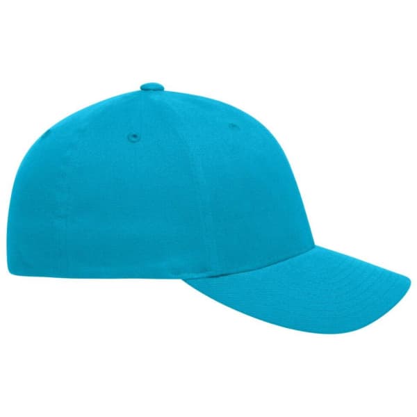 A bright turquoise cap with a rounded crown and a curved brim. It features a logo on the side.