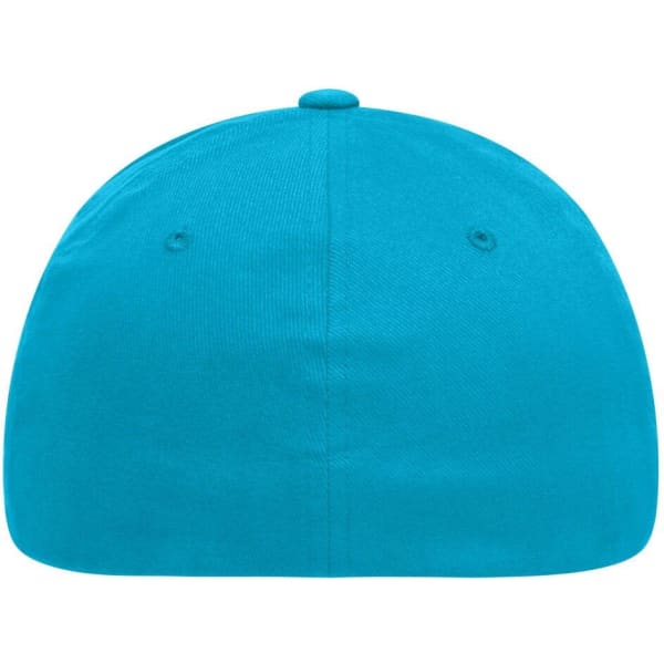 A bright turquoise cap featuring a smooth, rounded top and ventilation eyelets. It has a logo on the side.