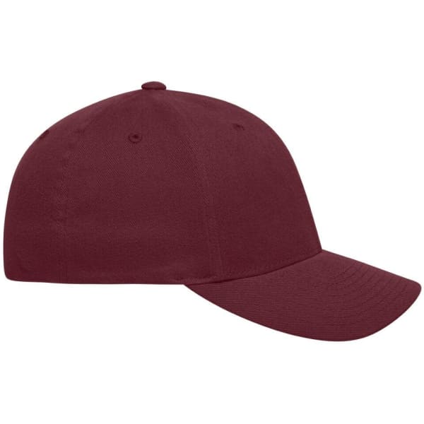 A maroon Original Flexfit® cap featuring a rounded crown and a curved brim. It has a logo on the side.
